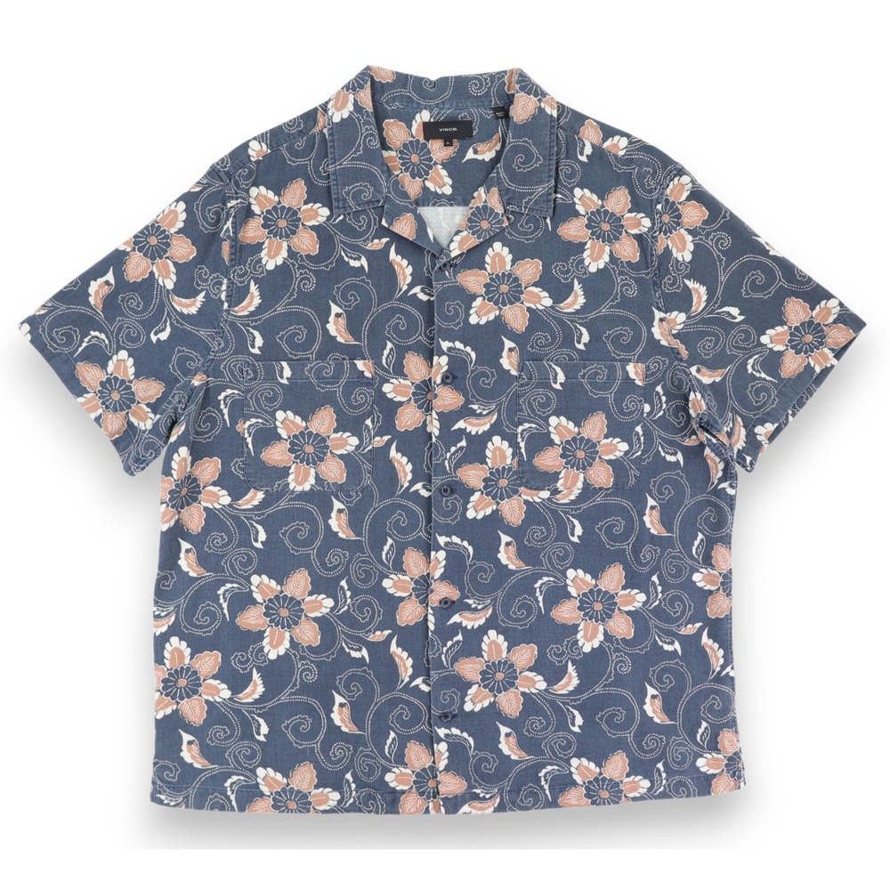 Vince Shirt Mens XL Blue Floral Hawaiian Short Sleeve Camp Cotton Loop Collar